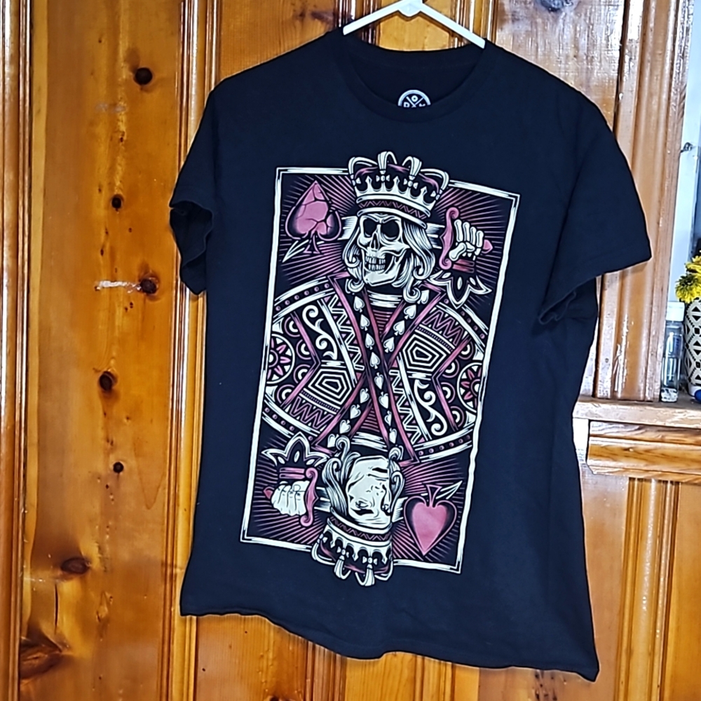 DOM MEN'S S BLACK TEE SHIRT, KING OF SPADES PLAYING CARD SKULL
